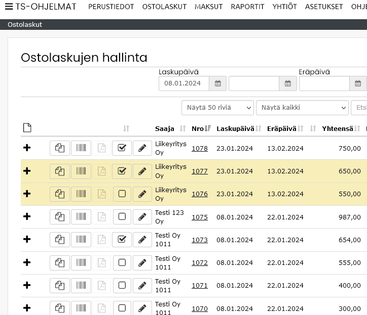 Laskujen tuonti ja tallennus